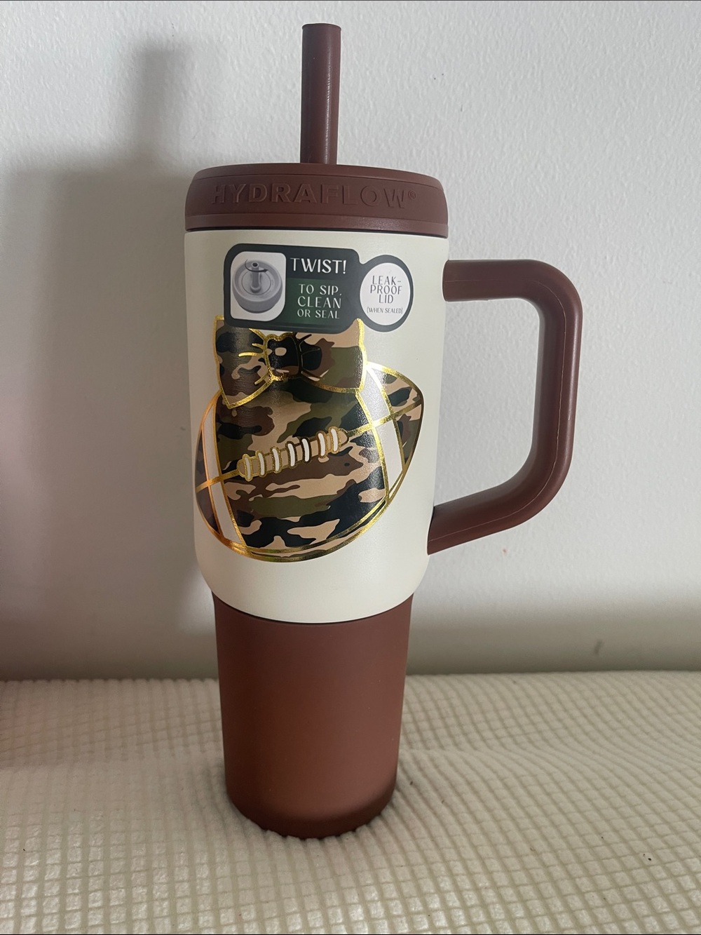 Brown & Cream Camo Travel Tumbler with Handle